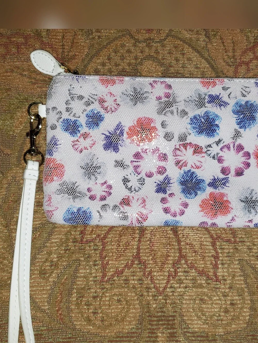 Befen White Leather Pouch With Colorful Floral Design